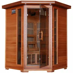 This HEATWAVE infrared corner sauna is constructed from cedar wood and uses carbon heaters. It accommodates up to three occupants and features seven heaters for even heat distribution. The unit has an overall length of 53 inches and includes dual interior and exterior LED control panels. Suitable for residential or light-commercial wellness spaces, it provides infrared heat therapy for relaxation and muscle recovery.