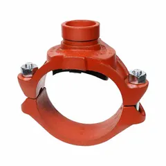 This bolted clamp tee outlet pipe fitting is constructed of ductile iron with an NBR seal. It is rated for a maximum operating pressure of 500 psi and accommodates pipe sizes of 6 in x 6 in x 3 in. Used in grooved-end piping systems to create branch connections for flow diversion.