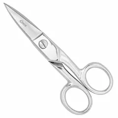 All-metal scissors with serrated, pointed steel blades and a silver finish. Overall length of 5 inches. Suitable for cutting tape and light materials in electrical, maintenance, and installation tasks.