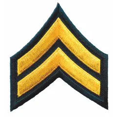 Embroidered rank insignia patch for identifying the rank of Corporal on uniforms. Measures 3 inches with black and gold colors, constructed from a polyester/rayon blend. Suitable for sewing onto military, law enforcement, or tactical uniforms, caps, and gear. Sold as a pair (1 PR).