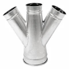Steel double branch fitting for 5 in duct diameter with a 30° angle and 19 in overall length. Used in industrial dust collection and material handling systems to split or merge airflow in ductwork.