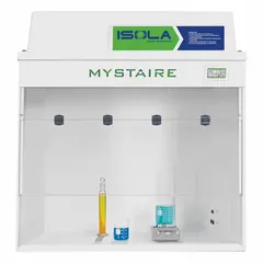 This fully assembled ductless fume hood and enclosure includes a blower, base/stand, and work surface. It recirculates filtered air back into the workspace, requiring no external ducting. Suitable for light-duty laboratory or industrial processes involving low-hazard particulates or vapors.