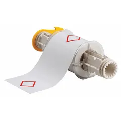 Red GHS/CLP 1-diamond precut label roll for chemical hazard identification. White vinyl with acrylic adhesive, measuring 4 3/32 in x 6 3/32 in. Designed for use with BBP85 printer series to print white legends. Applied to containers, drums, or pipes requiring GHS/CLP pictograms.