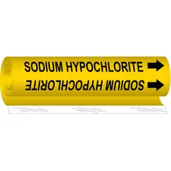 Yellow wrap-around pipe marker with black legend reading 'Sodium Hypochlorite' and directional arrows. Fits pipe outer diameters from 1-1/2 to 2-3/8 inches. Used for identifying pipes carrying sodium hypochlorite in industrial facilities such as water treatment and chemical processing plants.