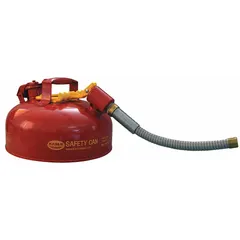 This 1-gallon red safety can is designed for storing and dispensing flammable liquids. It includes a 7/8 in OD hose for controlled pouring, reducing spill risk in maintenance, machining, and chemical handling operations.