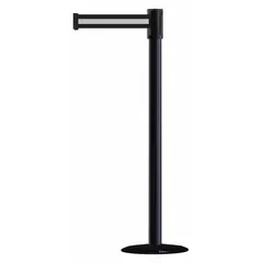 This retractable belt post barrier features a black metal alloy post and a white belt with horizontal stripe pattern and no legend. The belt extends to 7 1/2 ft and retracts automatically. The cast iron base provides stability. Typical applications include crowd control, queue management, and securing restricted areas in industrial facilities, airports, and event venues.