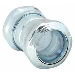 This compression conduit coupling is used to join two lengths of EMT conduit in electrical raceway systems. Made of steel with a zinc-plated finish and gray paint, it includes a clamp and measures 3 9/32 inches overall length. Suitable for 1 1/2 inch trade size conduit, it is cULus Listed.