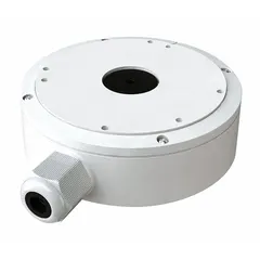 Aluminum junction box in ivory finish for cable management and mounting of turret cameras. Includes mounting hardware and attaches via screws. Compatible with Transcendent series turret cameras.