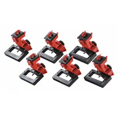 This clamp-on lockout secures oversized circuit breakers rated for 480/600V AC during lockout/tagout procedures. It includes a cable tie slot for use with standard nylon cable ties, enabling isolation of electrical circuits in industrial maintenance.
