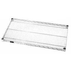 Steel wire shelf with chrome finish for dry environments. Quick-adjust design allows easy repositioning. Single shelf supports up to 600 lb. Suitable for organizing and storing items in commercial or industrial storage areas.