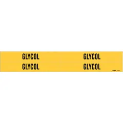 These adhesive pipe markers are designed for identifying glycol lines in industrial piping systems. The yellow background with black legend text provides clear visibility. Each marker fits pipe outer diameters from 3/4 to 2-3/8 inches. This pack includes 4 markers without directional arrows.