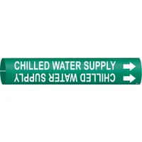 Snap-on pipe marker for identifying chilled water supply lines. Green background with white legend and directional arrows. Fits pipe outer diameters of 4 to 6 inches. Single marker included