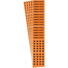 Orange adhesive pipe marker with black legend reading 'Hydrogen Peroxide' and directional arrows. Designed for pipes with outside diameter of 3/4 inch and smaller. Each pack contains five markers. Used to identify pipes carrying hydrogen peroxide in industrial facilities.