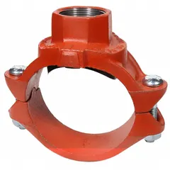 This bolted clamp tee outlet pipe clamp is used to create a branch connection in grooved piping systems. It joins a 5-inch main line to a 3-inch outlet, with a ductile iron body and EPDM seal rated for up to 500 psi. Suitable for applications requiring a secure, leak-resistant joint in fire protection, HVAC, and industrial process lines.