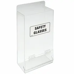 This wall-mounted tray is made of clear plastic and holds up to 20 eyewear units. It is designed for organizing safety eyewear in industrial settings such as workshops, labs, or manufacturing areas. Overall dimensions are 17 1/4 in height and 8 in width.