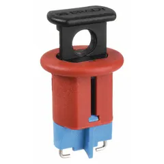 This BRADY pin-in circuit breaker lockout is rated for 120/277V AC and designed for use with push-button breakers. It secures the breaker in the off position to prevent accidental re-energization during maintenance. The DIN-style miniature device does not include a cable tie slot. Typical applications include lockout/tagout procedures in industrial electrical panels.