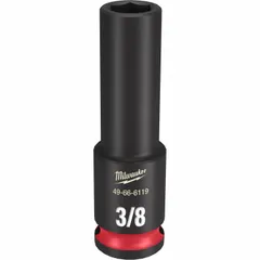 This 3/8" drive deep impact socket features a 3/8" SAE hex size with a 6-point design for secure engagement on fasteners. The deep profile allows access to recessed bolts and nuts, while friction retention helps hold the socket on the anvil. Suitable for use with impact wrenches in automotive and industrial fastening applications.