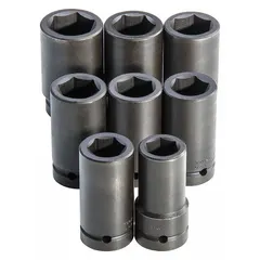 This 8-piece metric impact socket set features a 1 in drive and six-point sockets ranging from 27 mm to 41 mm. Designed for use with impact tools, it is suitable for heavy-duty fastening and loosening in industrial maintenance, automotive repair, and construction applications.