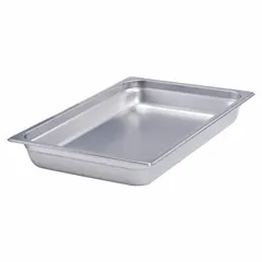 Sixth-size steam table inset pan constructed of 22 ga gauge stainless steel. NSF Certified. Overall depth of 2-1/2 inches. Not dishwasher safe. Used in commercial foodservice steam tables for holding and serving hot food portions.