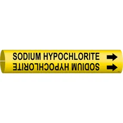 Yellow snap-on pipe marker with black legend reading 'Sodium Hypochlorite' and directional arrows. Fits pipe outer diameters from 2-1/2 to 3-7/8 inches. Used to identify pipes carrying sodium hypochlorite in industrial facilities for safety and compliance.