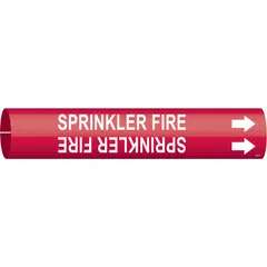 Red snap-on pipe marker with white legend reading 'Sprinkler Fire' and directional arrows. Fits pipe outer diameters from 1-1/2 to 2-3/8 inches. Used to identify fire suppression piping in industrial and commercial facilities.