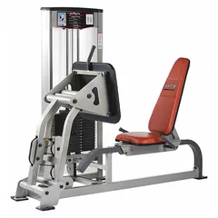 Single-station hip and leg machine with a powder-coated steel frame in gray and orange, and vinyl upholstery. Overall length of 72 inches. Designed for seated leg press exercises targeting lower body muscles.
