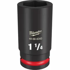 SAE 6-point deep impact socket with 3/4" drive and 1-1/4" socket size. Friction retention design secures socket to impact tools. Black phosphate finish. Used for heavy-duty fastening and loosening of hex nuts and bolts with impact wrenches in automotive, construction, and industrial maintenance.