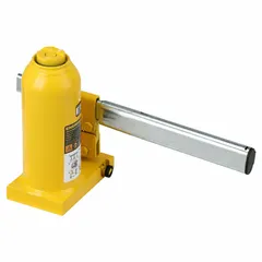 This manual-handle, mechanical bottle jack has an 11-ton load capacity and a steel body. It is used for lifting heavy equipment, machinery, or structural components in maintenance and industrial settings where high clearance under the load is required.