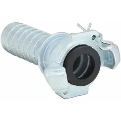This Chicago-style universal hose coupling features a male hose barb connection for 3/4 in hoses. It is rated for a maximum working pressure of 150 psi at 70°F. Suitable for air, water, and low-pressure fluid transfer in industrial hose systems.