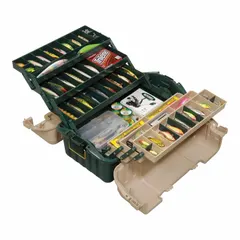 This plastic tool box from PLANO MOLDING measures 20 inches wide, 10 3/4 inches deep, and 11 1/4 inches high. It features a beige and green color scheme. Suitable for storing and organizing hand tools, power tools, and accessories in workshops, job sites, and home garages.