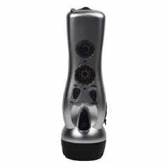 This portable radio is powered by a hand crank generator, requiring no batteries or external power. It features a built-in LED flashlight and a single speaker, with no display, auxiliary output, or Bluetooth connectivity. Suitable for outdoor activities, camping, and emergency preparedness where grid power is unavailable.