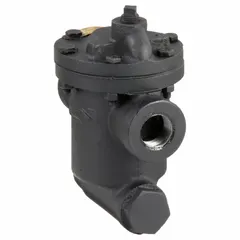 Cast iron inverted-bucket steam trap with 1/2-inch FNPT connection. Rated for 690 lb/hr maximum capacity at 80 psi. Includes integral strainer. Designed for in-line horizontal installation in steam systems to discharge condensate while preventing steam loss.