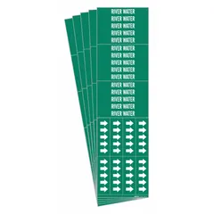 Adhesive pipe markers for identifying pipes carrying river water. Green background with white legend and flow-direction arrows. Each pack contains 5 markers (3 per pack) for pipes 3/4 in and smaller outer diameter.