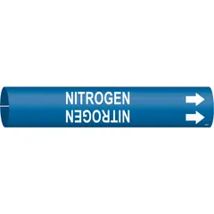 Blue snap-on pipe marker with white 'Nitrogen' legend and directional arrows. Fits pipe outer diameters from 2-1/2 to 3-7/8 inches. Used to identify nitrogen lines in industrial piping systems, aiding in quick location and tracing of supply lines.