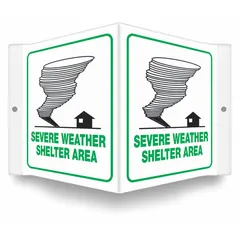This V-shape projection sign is designed to mark designated severe weather shelter areas in facilities. It features mounting holes for installation and is made of PETG with a nominal size of 6 in x 8 1/2 in and a thickness of 0.06 in. The sign is not glow-in-the-dark and not retroreflective.