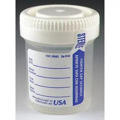 Sterile 60 mL polypropylene specimen container with wide mouth and white closure. Suitable for collection and transport of medical samples in clinical and laboratory environments.