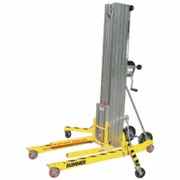 General purpose material lift with 650 lb capacity. Features an adjustable base with outriggers, invertible 28 in forks, and 21-1/2 in width across forks. Aluminum frame with four swivel casters with brake. Suitable for raising loads at construction sites, warehouses, and industrial facilities