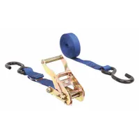 Ratchet-style tie down strap made of blue polyester webbing with steel S-hook ends. Overall length 12 ft, width 1 in. Used to secure motorcycles during transport on trailers or truck beds