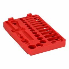 This MILWAUKEE PACKOUT Socket Tray (48-22-9481T) is a red plastic organizer tray measuring 7 11/16 in W x 12 in D x 1 5/8 in H. It is designed to store and organize sockets within the PACKOUT modular system, providing secure placement and portable access for tools on job sites.
