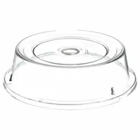 This clear polycarbonate plate cover has a 9 3/8-inch diameter. It is used in foodservice or industrial settings to protect plates from dust and debris while allowing visibility of the contents. Not NSF certified, it is suited for non-direct-contact applications