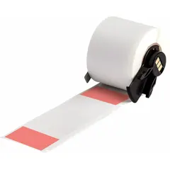 Precut wraparound label made of red matte vinyl, sized 4 in x 1 1/2 in. Designed for wire gauges from 1 AWG to 500 kcmil. Compatible with BMP71 printer series and requires M7-R4300 ribbon. Used for permanent identification of wires and cables in electrical installations.