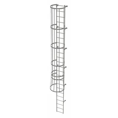 TRI-ARC Tangga Tetap dengan Sangkar Pengaman: Tinggi Keseluruhan 23 ft, Lebar Keseluruhan 18 in, Baja - Safety Cage Fixed Ladders