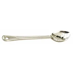 This 15-inch serving spoon is made of stainless steel with a silver finish. Its long handle keeps hands away from hot liquids, making it suitable for basting and serving soups, stews, and sauces in commercial or home kitchens.