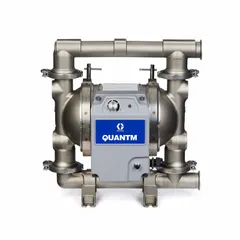 Electric operated double diaphragm pump with 316 SS seats and PTFE check valves. Features PTFE diaphragms with EPDM backing, 32 Ra surface finish, and 1 1/2 in connections. Suitable for sanitary fluid transfer in food, dairy, beverage, and pharmaceutical processes requiring 3-A certification and clean-in-place (CIP) capability.