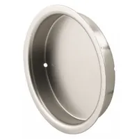 This round recessed handle is made of steel with a satin nickel finish. It features unthreaded mounting holes and is supplied as a single piece. Suitable for use as a flush pull on drawers, sliding trays, or cabinet doors in various storage and workbench applications