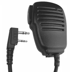 This speaker microphone is designed for use with DSR-590 series two-way radios. It features a 2-pin radio connector, a 3.5 mm audio jack, and a 24-inch cord. The black finish and integrated speaker and microphone enable clear audio transmission and reception in communication applications.