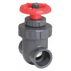 This 1-inch non-rising stem gate valve features a PVC body and bonnet with a solid polypropylene wedge. It has socket x socket connections and a 200 psi CWP rating, operated by a wheel handle. Suitable for controlling flow in chemical handling and corrosion-resistant piping systems.