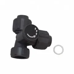 This bleed valve assembly features a PVDF body for corrosion resistance. It has a 1/2 in tube inlet and a 1/2 in tube discharge. Used to vent or purge air from the liquid end of metering pumps, ensuring accurate chemical dosing in fluid-handling systems.