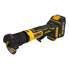 This cordless cut-off tool operates on a 20V DC system and features a brushless motor for efficient performance. It has a 3-inch wheel diameter and a paddle switch for control. The tool is used for cutting metal, tile, and masonry in construction and maintenance applications, particularly in tight spaces.