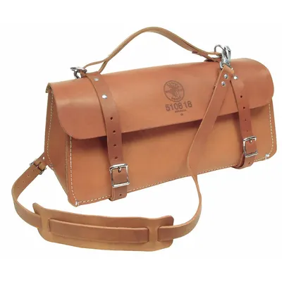 Tas Alat KLEIN TOOLS: 18 in L x 8 in D x 8 in T, Coklat, Kulit, 0 Kantong - Leather Wide-Mouth Tool Bags